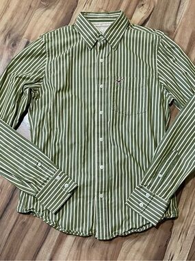 Hollister Green Striped Button Up Shirt - Y2K Indie Preppy Boho Casual Sz M
